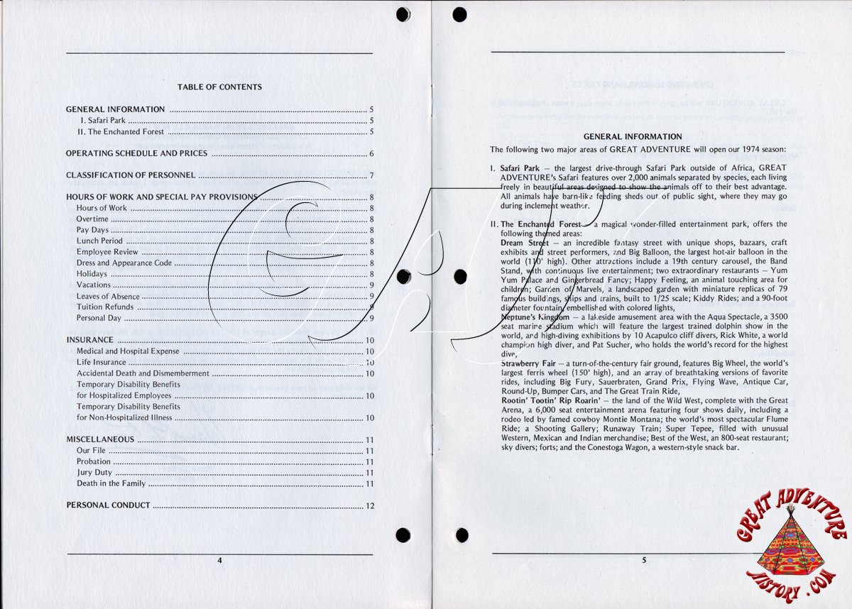 Great Adventure History 1974 Employee Handbook